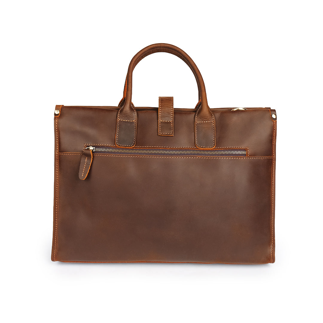 Back view of a men's vintage leather bag with an external zip pocket for convenient storage.