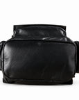 Black full-grain leather backpack bottom panel with rounded corners and stitched leather edging