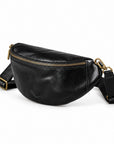 Black leather crossbody bag with gold-tone hardware and an adjustable shoulder strap.