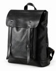 A black leather backpack with a top flap, front strap details, and a top handle.