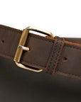 Detailed close-up of brass buckle and stitching on a premium leather strap for timeless durability