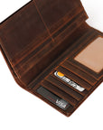 Brown leather wallet with card slots on a white background