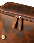 Close-up of a brown distressed leather bag with a top zipper, dual leather zipper pulls, and a brass snap button.