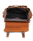 Brown leather backpack with open front compartment on a white background