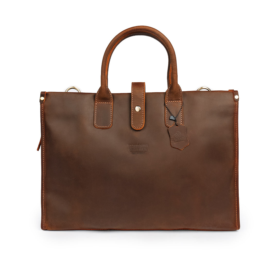 Brown business work bag, handmade from Crazy Horse leather with double handles, perfect for office use and meetings.