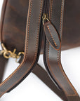 Close-up of a brown leather bag with gold zipper pull on a white background