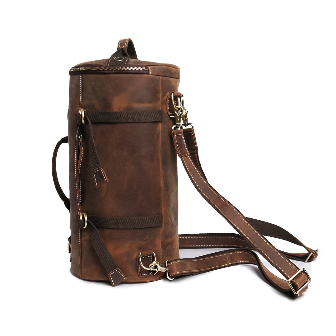 Detailed shot of Crazy Horse leather on a vintage backpack, highlighting premium quality and craftsmanship.