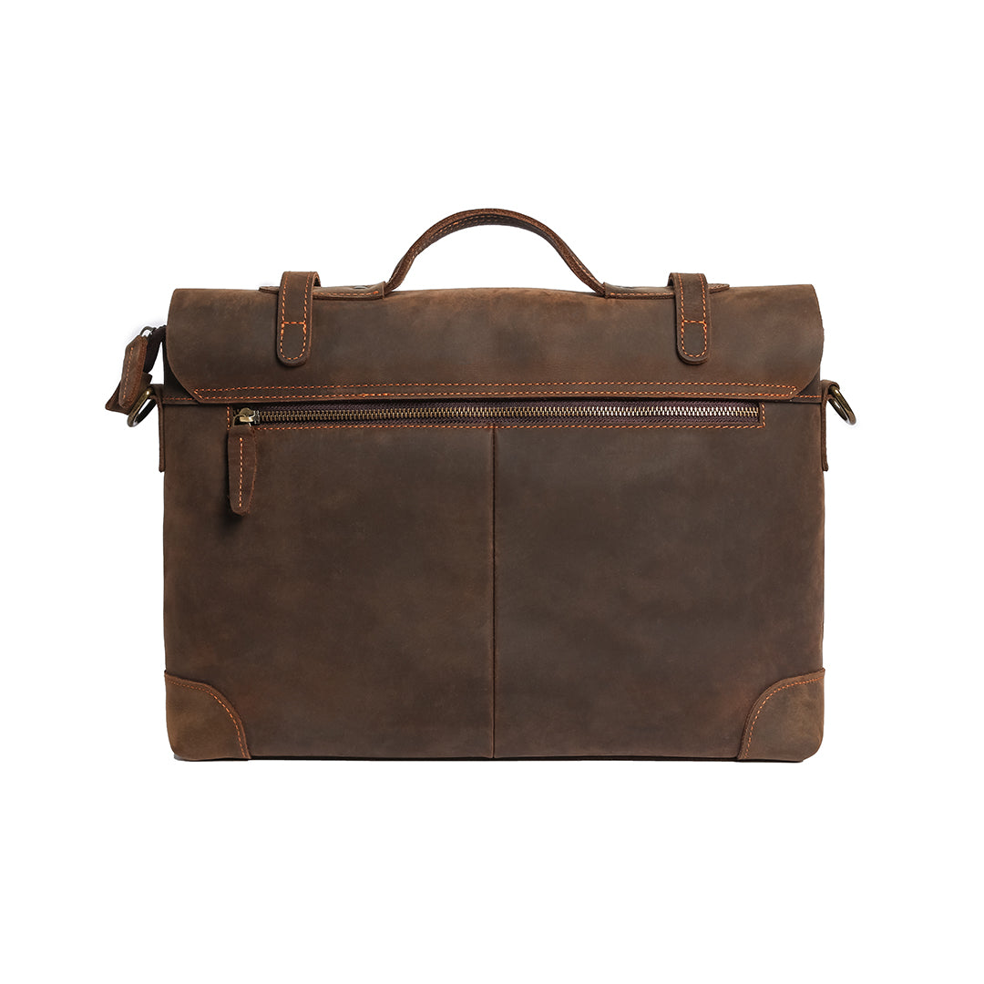 Rear view of a vintage Crazy Horse leather bag with a zipper pocket and trolley sleeve for convenient travel.