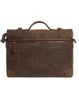 Rear view of a vintage Crazy Horse leather bag with a zipper pocket and trolley sleeve for convenient travel.