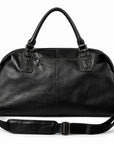 Elegant black full-grain leather duffel bag rear view with an exterior zip pocket.