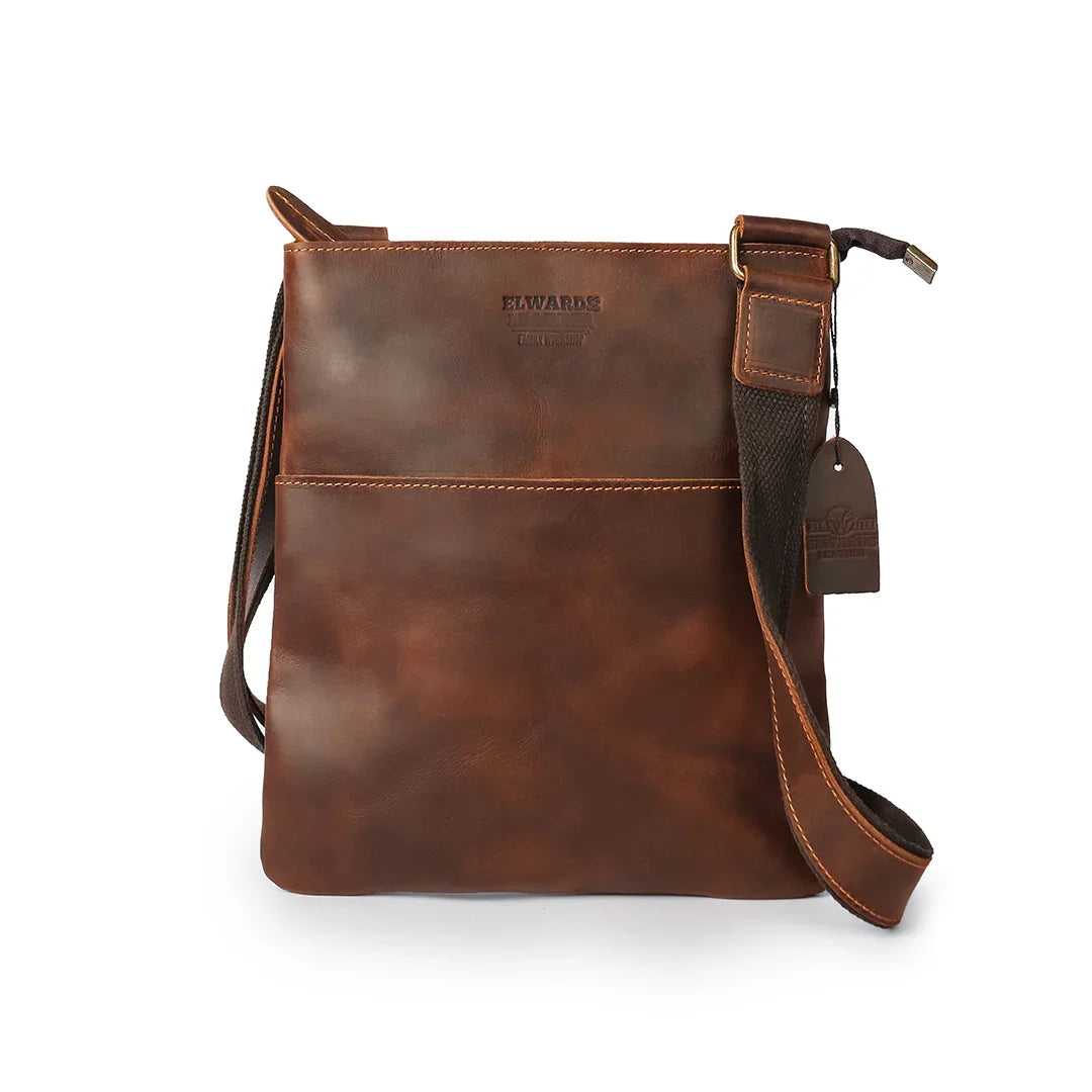 Front view of a premium brown crossbody bag with Crazy Horse leather and hand-stitching for a vintage, durable style.