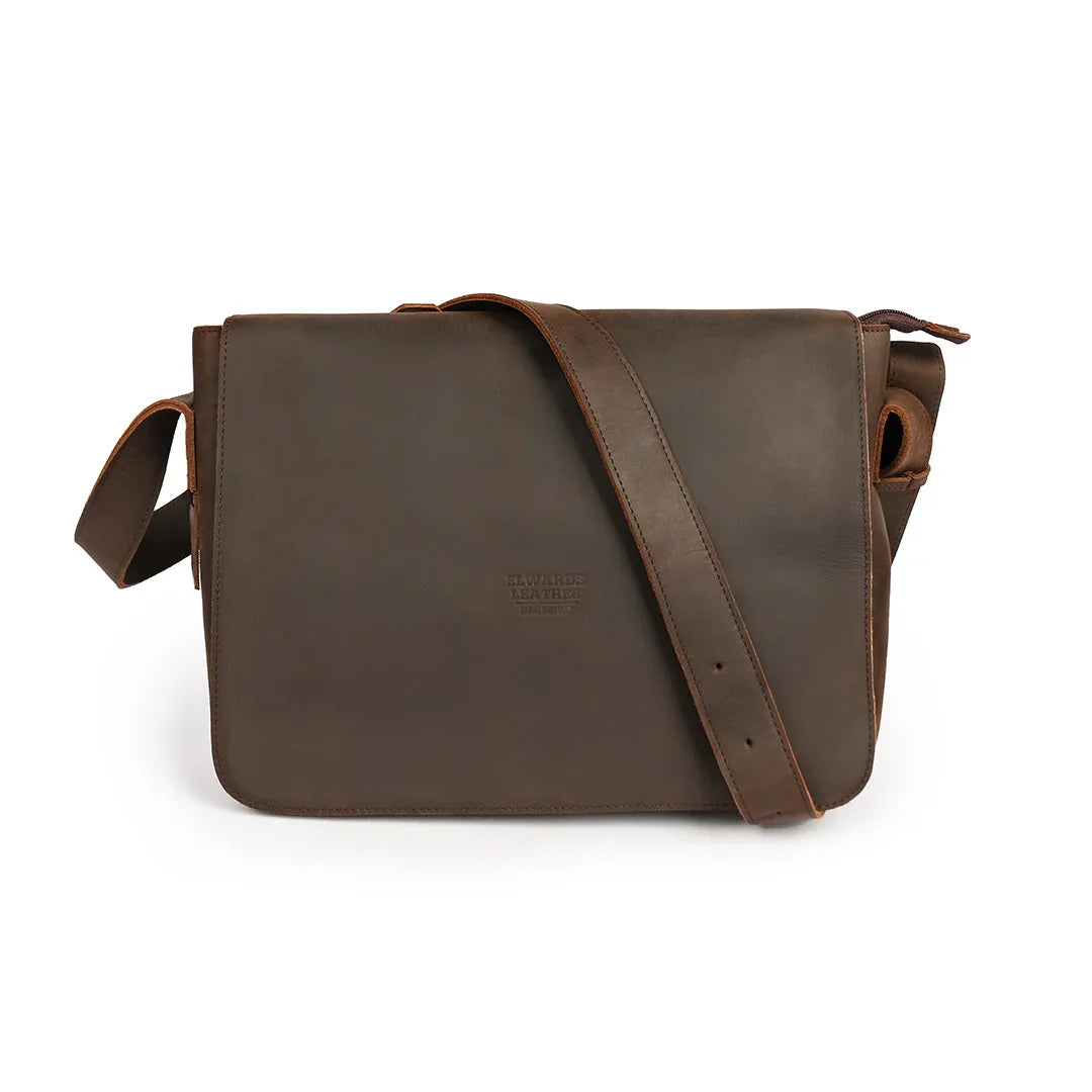 Front view of a dark brown leather messenger bag with a clean minimalist design, perfect for everyday use