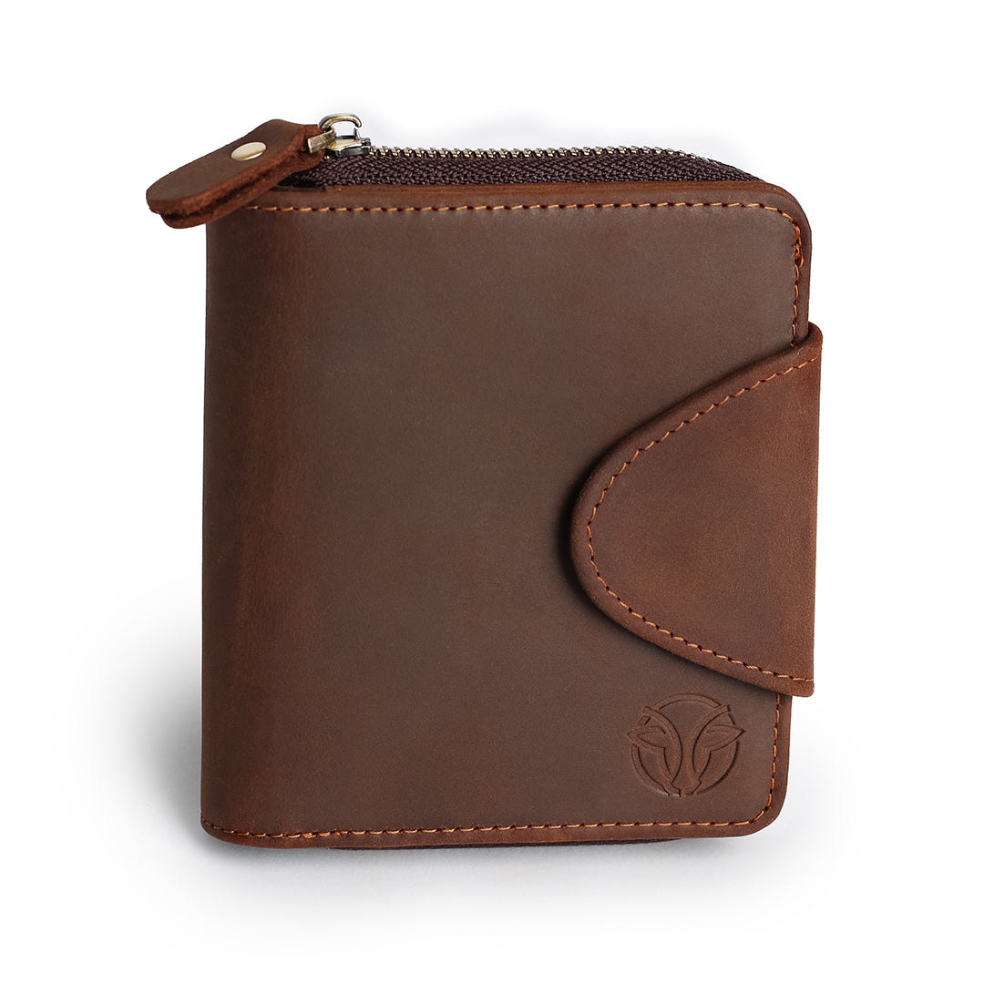 Front view of a premium leather wallet with the embossed logo and rich brown color
