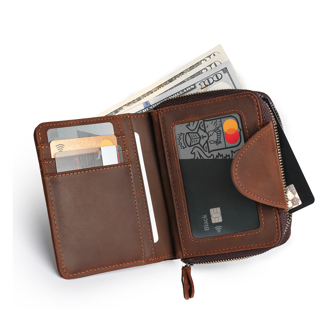 Fully open brown men's leather wallet with card slots, cash compartment, and zippered coin pocket for convenient access.