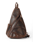 Dark brown leather sling bag on a white background