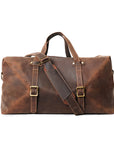Handcrafted vintage leather duffle bag in front view, featuring premium Crazy Horse leather and durable brass hardware.