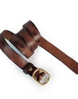 Brown leather belt with a gold buckle on a white background
