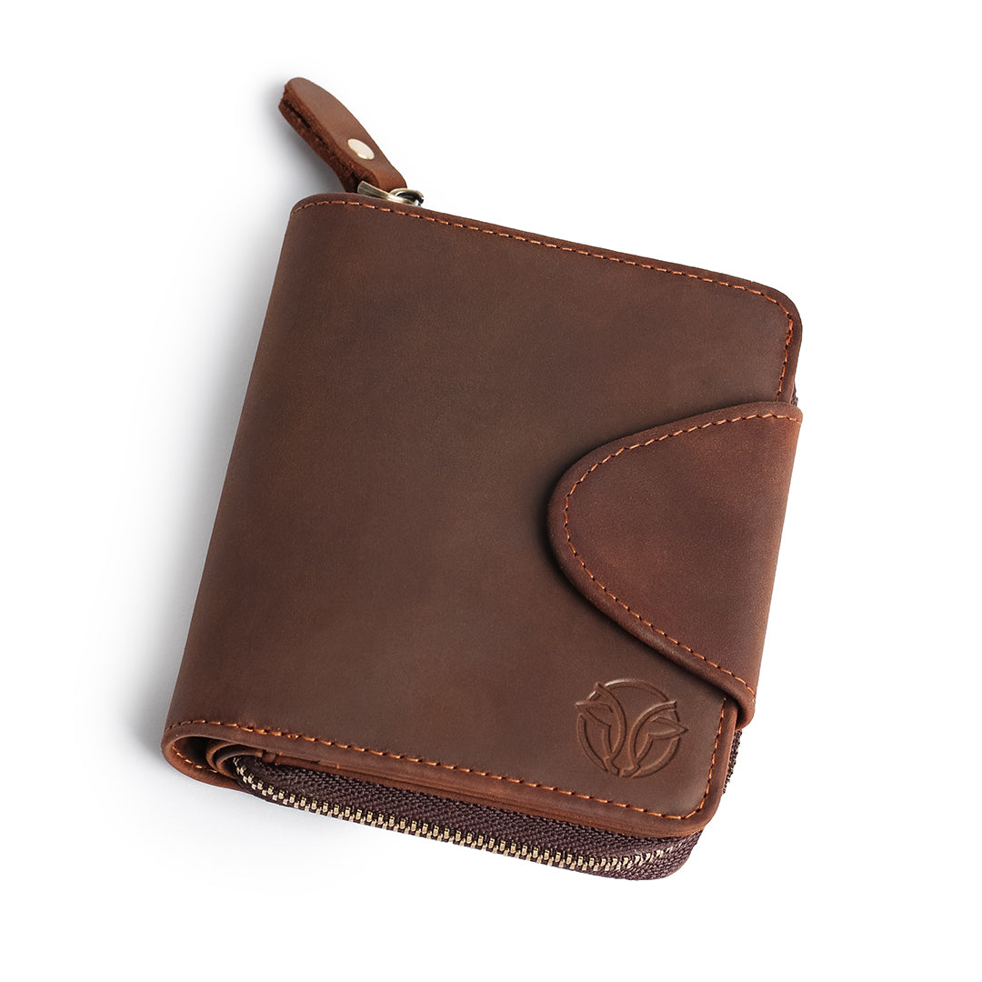 Handmade brown leather wallet with a vintage finish, featuring a sturdy zipper and compact design.