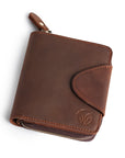 Handmade brown leather wallet with a vintage finish, featuring a sturdy zipper and compact design.