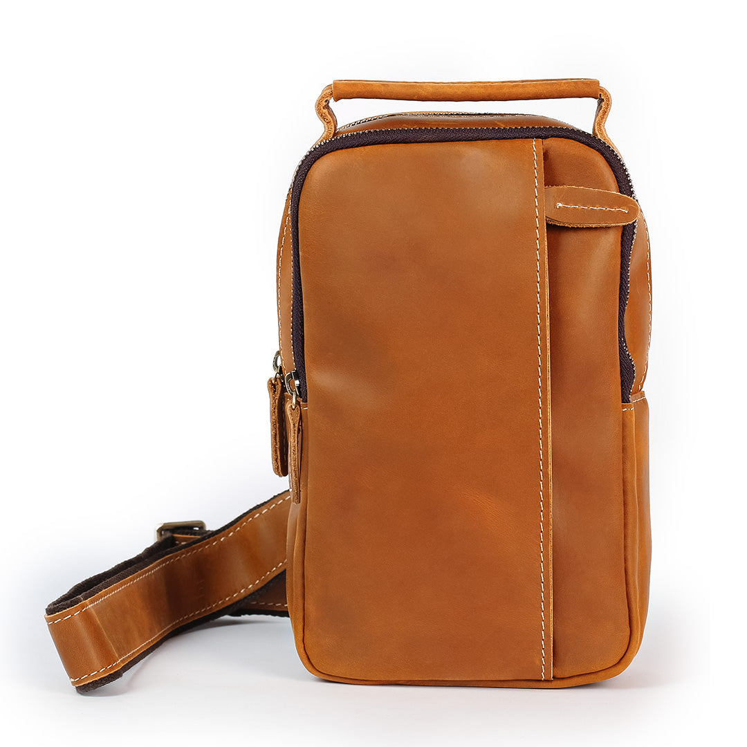 Men's Compact Crossbody Bag - Full Grain Leather, Tan, Handmade
