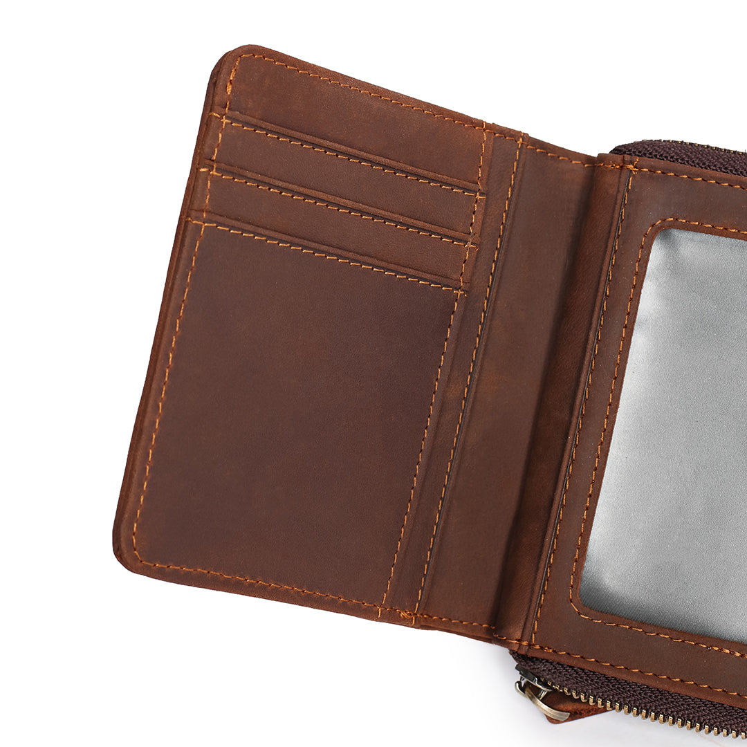 Interior view of a leather wallet with spacious compartments for cards and coins, designed for practicality.