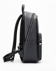 A black pebbled leather backpack shown from a side profile view against a clean white background.