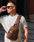 Men’s brown leather crossbody sling bag casual everyday style