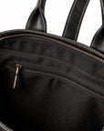 Men's black full-grain leather tote bag interior zip pocket with black fabric lining