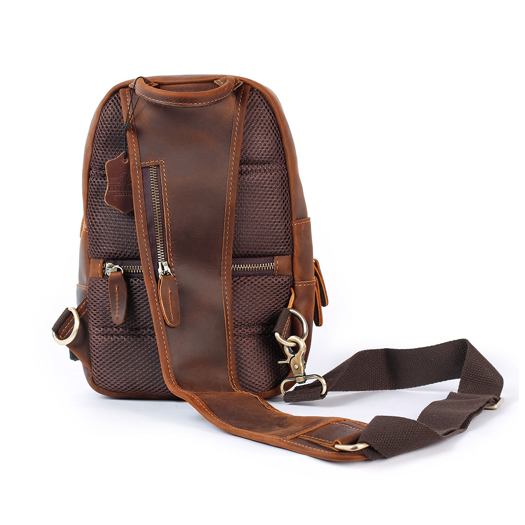Men’s leather crossbody bag back view with mesh panel
