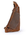 Brown leather sling bag on a white background