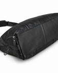 Modern black full-grain leather duffel bag base with a center seam and stitched edges.