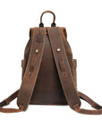Back view of a vintage brown Crazy Horse leather backpack with reinforced straps, metal hardware, and a minimalistic design.