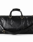 Refined black full-grain leather duffel bag back with an adjustable shoulder strap