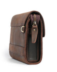 Side view of a dark brown men's leather clutch, showcasing its spacious interior and detailed craftsmanship.