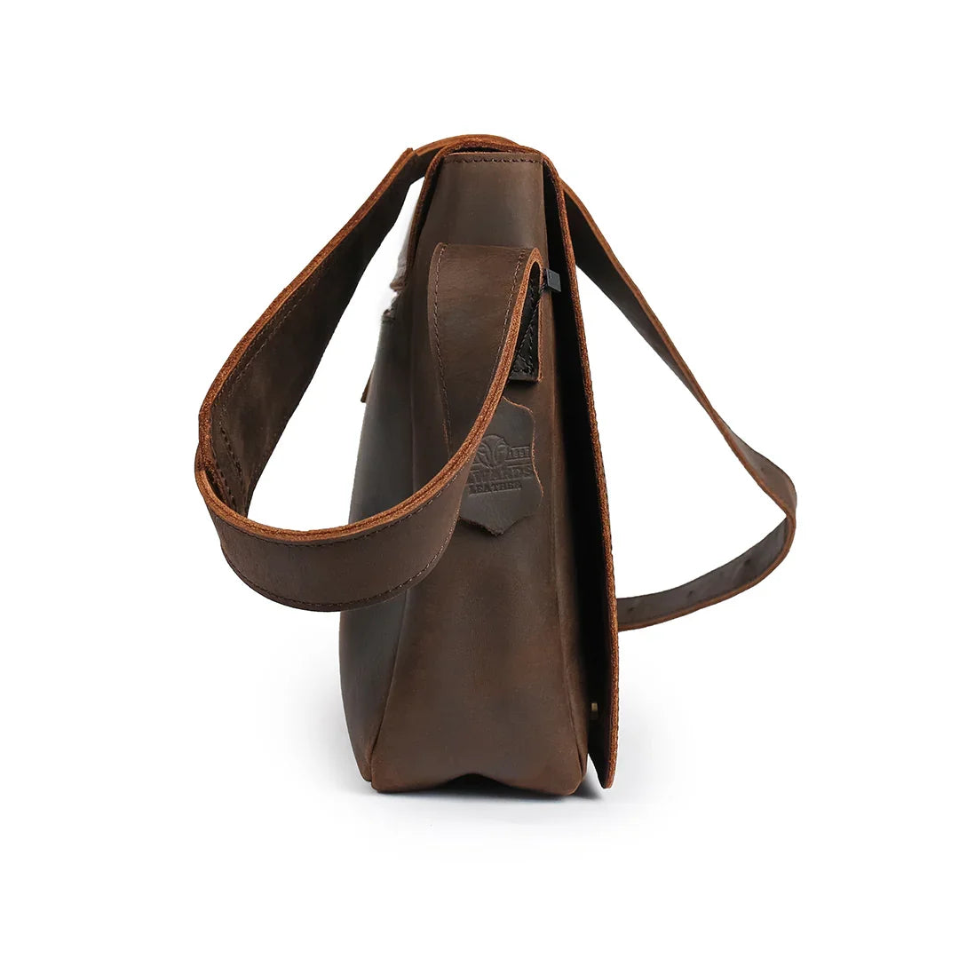 Side view of a premium laptop leather bag showcasing thick leather and high-quality craftsmanship