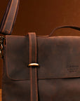 Stylish men's brown leather briefcase with reinforced handle and vintage details.