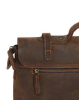 Back view of a handcrafted vintage leather briefcase, highlighting the sturdy zipper pocket and secure flap design.