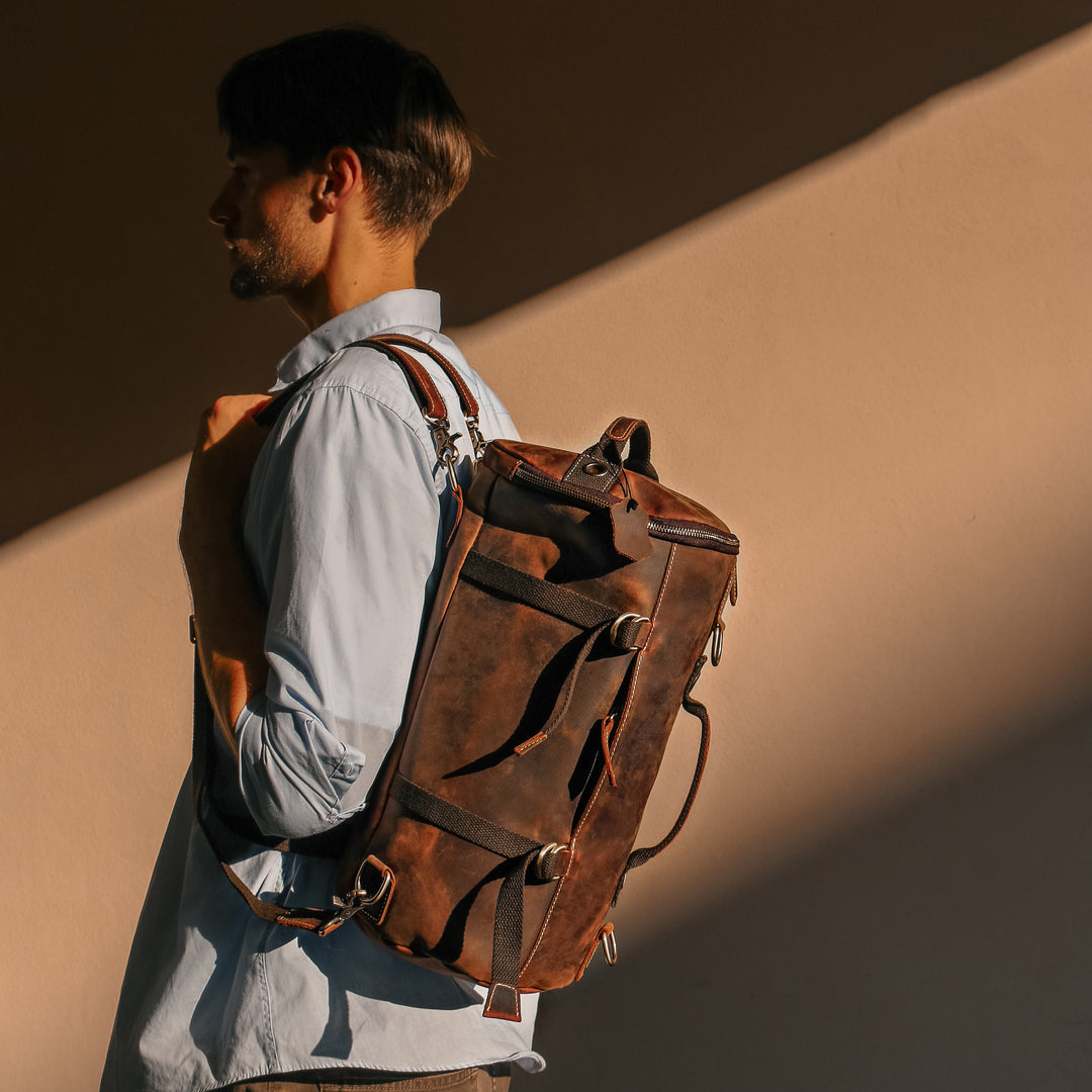 Durable Umber Mini Vintage Leather Backpack for men, 19th century leather bag, old fashioned leather backpack, luxury brown leather backpacks, designer brown leather backpack