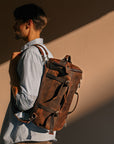 Durable Umber Mini Vintage Leather Backpack for men, 19th century leather bag, old fashioned leather backpack, luxury brown leather backpacks, designer brown leather backpack