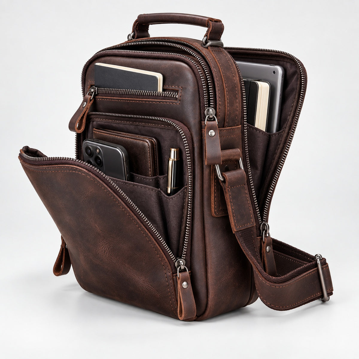 A dark brown distressed leather crossbody bag with multiple compartments, shown open to display its interior storage capacity with a smartphone, wallet, and tablet inside, set against a plain white studio background.
