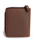 Back view of a handcrafted brown leather wallet with a smooth surface and durable construction.