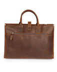 Back view of a men's vintage leather bag with an external zip pocket for convenient storage.