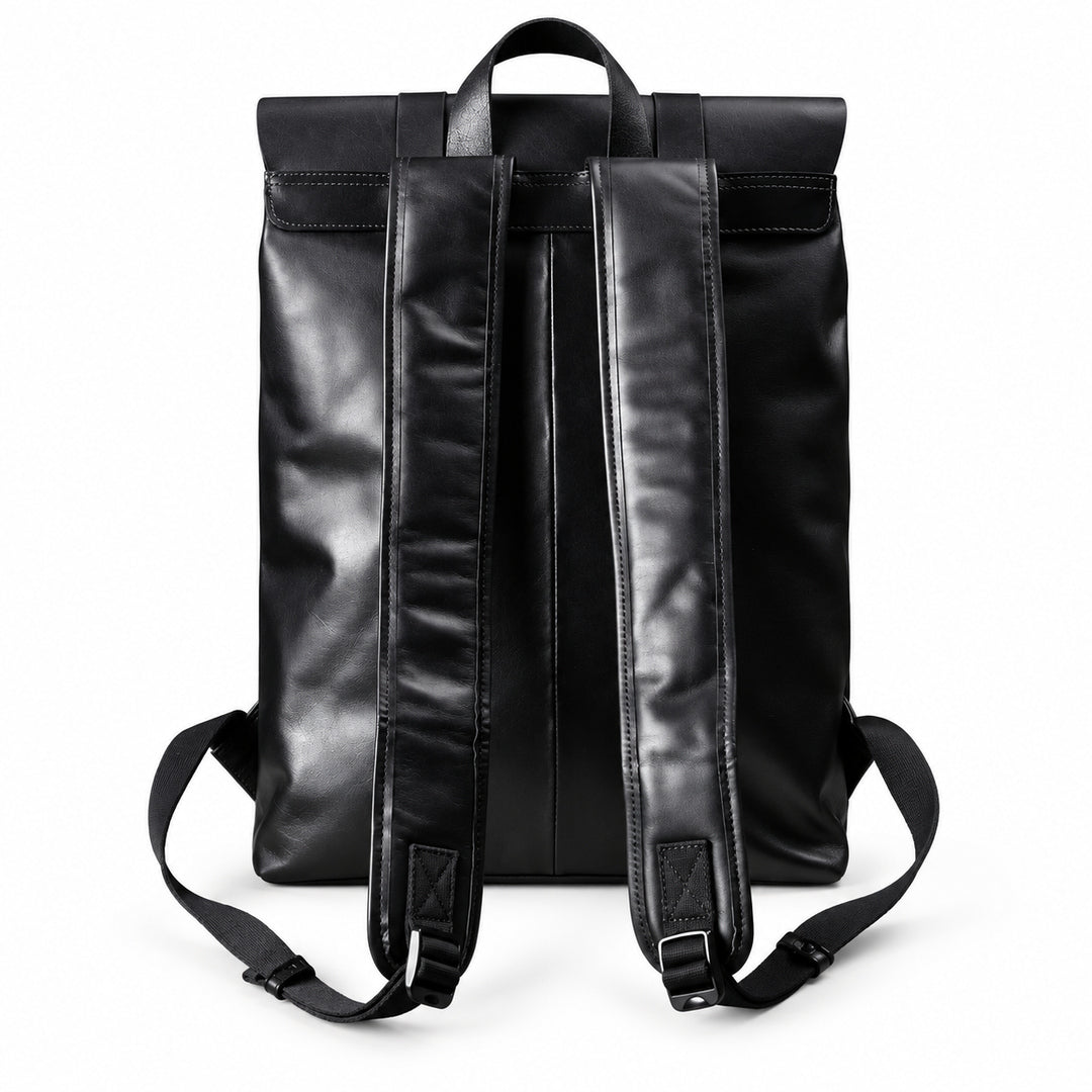 Black full-grain leather backpack, back view