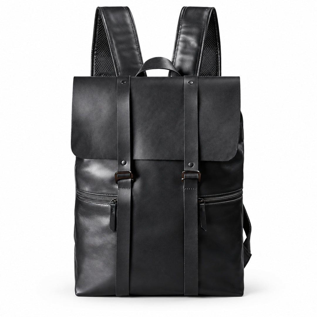 Black full-grain leather flap backpack, front view