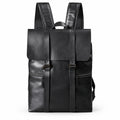 Black full-grain leather flap backpack, front view