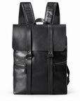 Black full-grain leather flap backpack, front view
