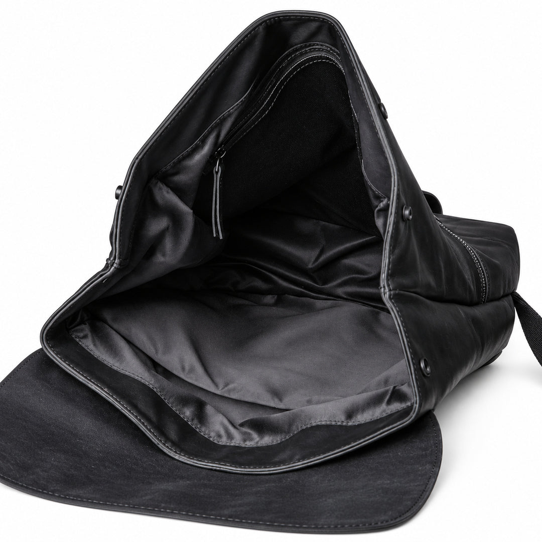 Open main compartment of full-grain leather backpack