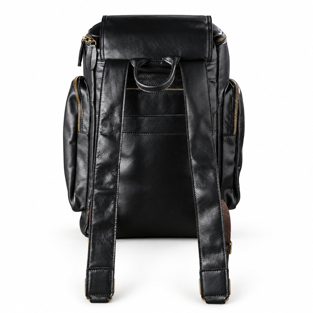 Black full-grain leather backpack with padded shoulder straps, carry handle and rear zip pocket
