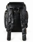 Black full-grain leather backpack with padded shoulder straps, carry handle and rear zip pocket