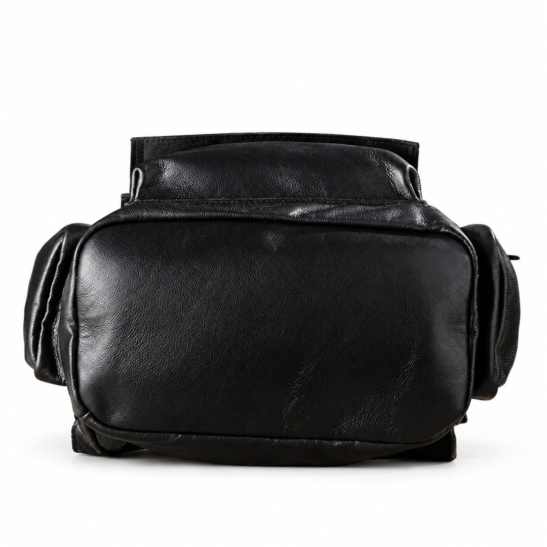 Black full-grain leather backpack bottom panel with rounded corners and stitched leather edging